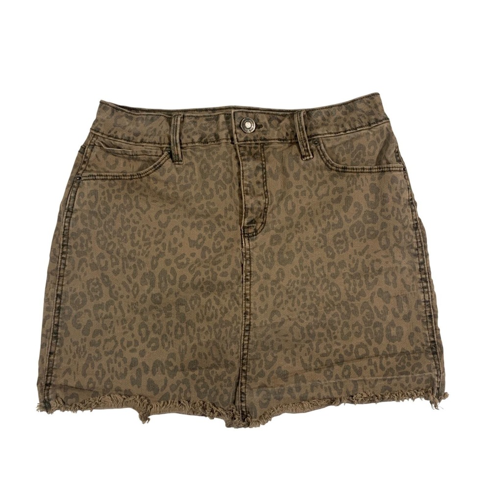 Vintage 90s Mudd Leopard Print Denim Mini Skirt Frayed Hem‎ Stretch Brown Size 9